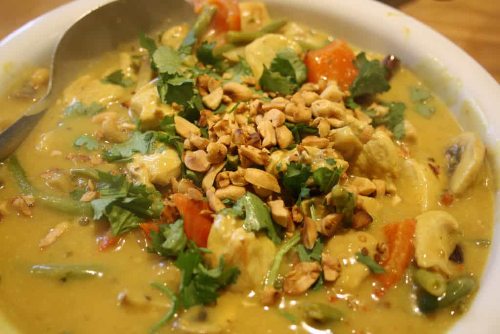 chicken curry in a bowl.
