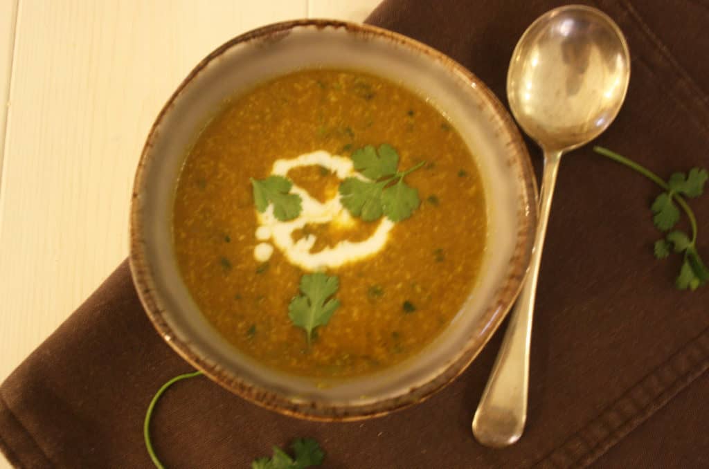 Curried Pumpkin Soup enriched with coconut milk and dried coconut and flavoured with coriander, cumin and tamarind for a rich, warming, winter soup.