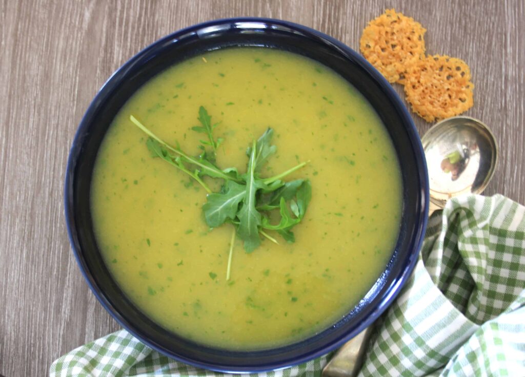 Potato and Leek Soup is simple to make, fat-free, gluten-free and is very economical to make. It's easy to add a dollop of creme fraiche or blue cheese too.