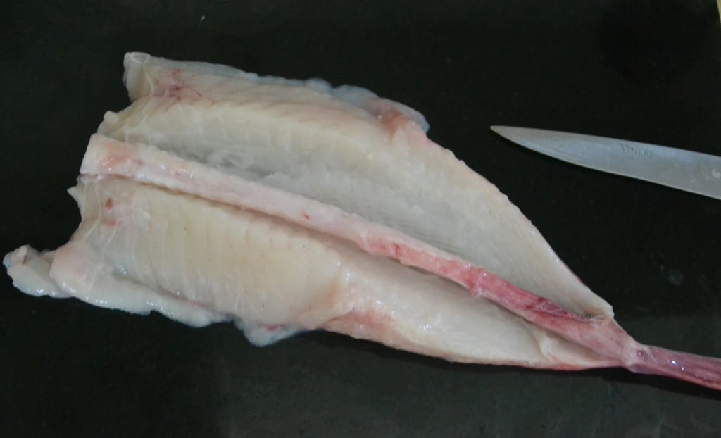 monkfish with backbone exposed from cutting