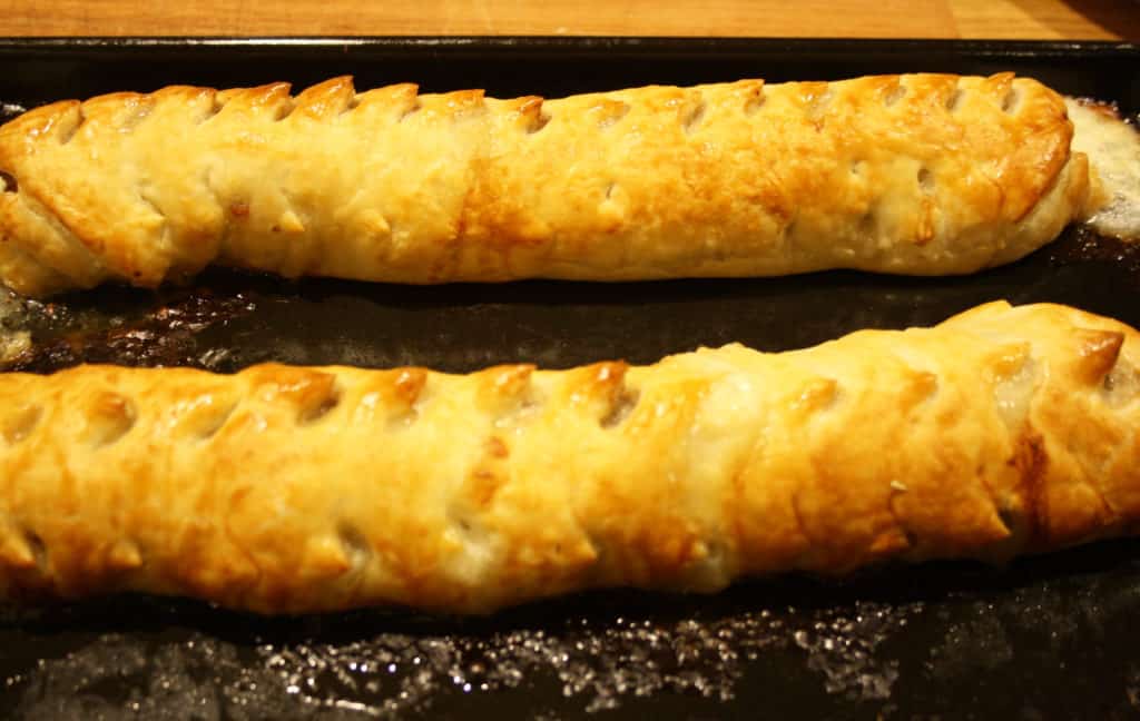 Mozzarella Sausage Rolls. Known here as Mooing Pigs, these naughty morsels are stuffed with mozzarella and when you cut them the mozzarella oozes out.
