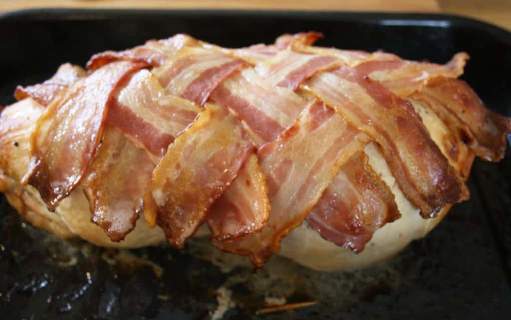 roast with bacon in a lattice pattern on top.