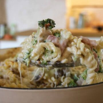 Chicken and Broccoli Pasta Bake. This is an easy dish with bacon and mushrooms which can be served straight away or baked in the oven.