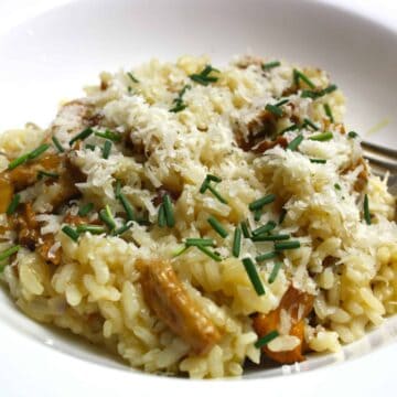 Wild Mushroom Risotto is simple to make and flavoured with Parmesan and chives. For this recipe I used girolle mushrooms but any mushroom will work.