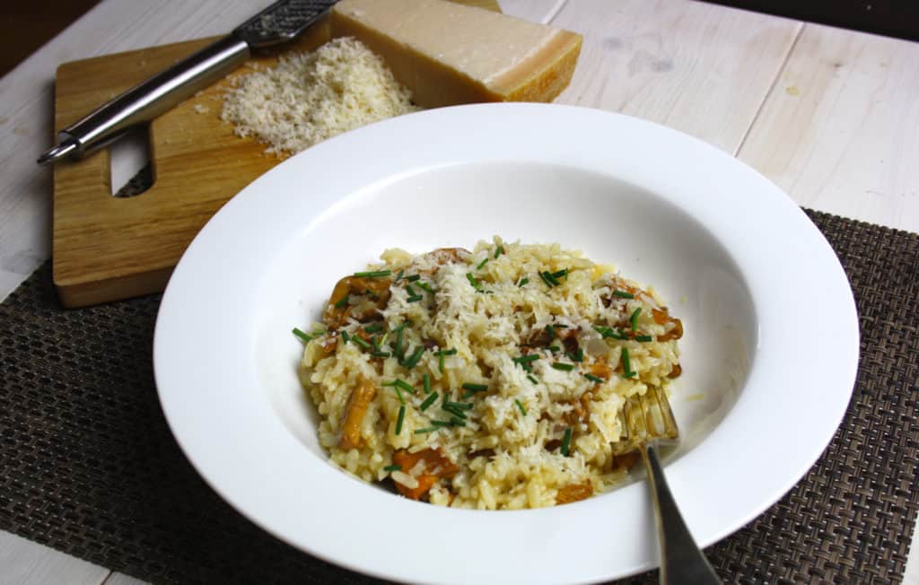 rice and mushroom dish in a bowl.