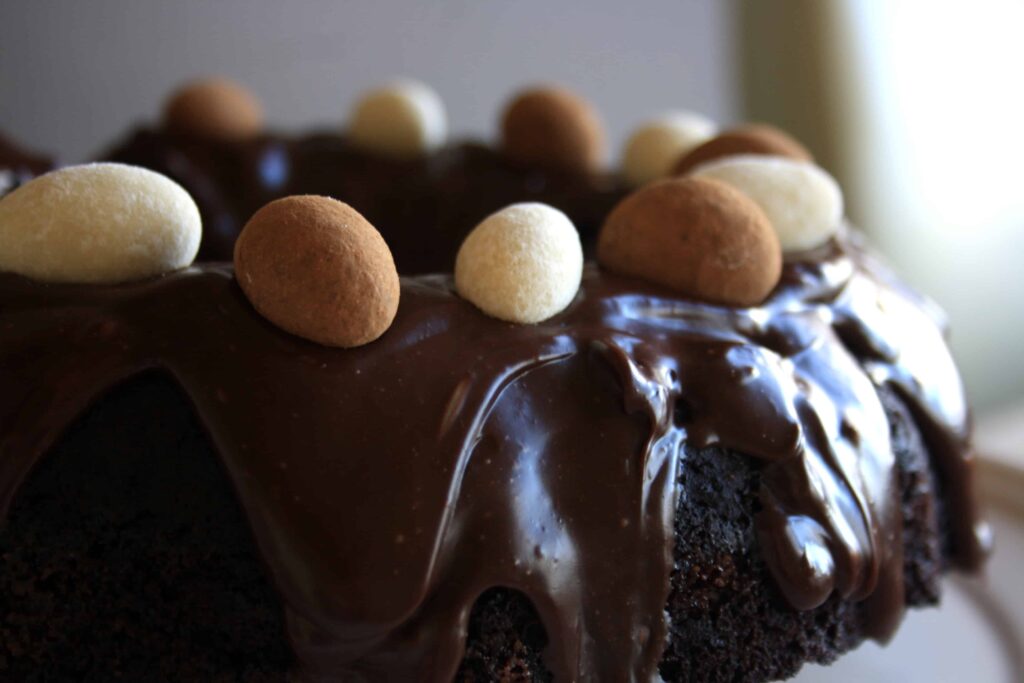 Easter Chocolate Bundt Cake with Ganache. Simple chocolate store cupboard cake with a rich and decadent chocolate ganache coating.