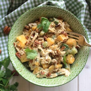 Coronation Chicken Salad with Mango. Here's a simple British salad using leftover cold chicken, spices, fresh mango and pecans.