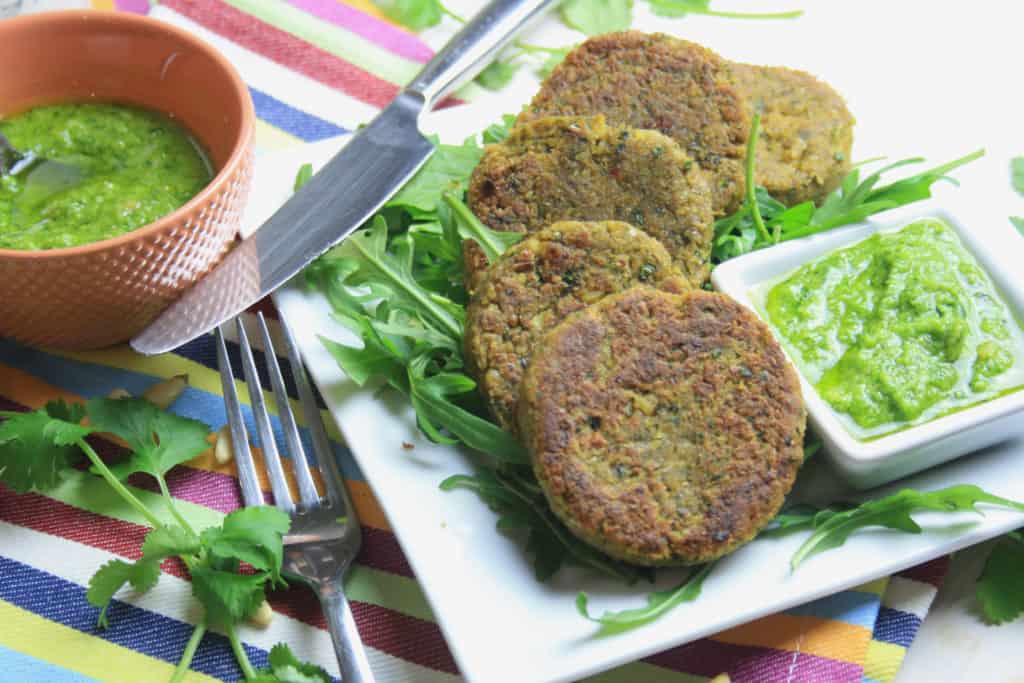 plate of falafel burgers and pesto 