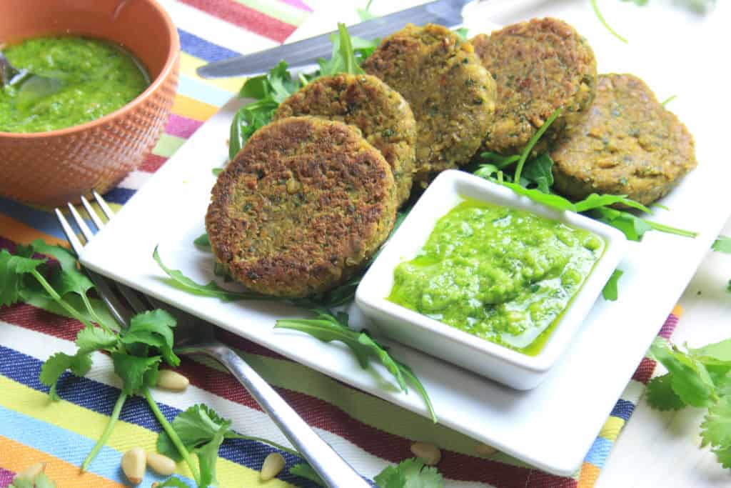 plate of falafel burgers and pesto 