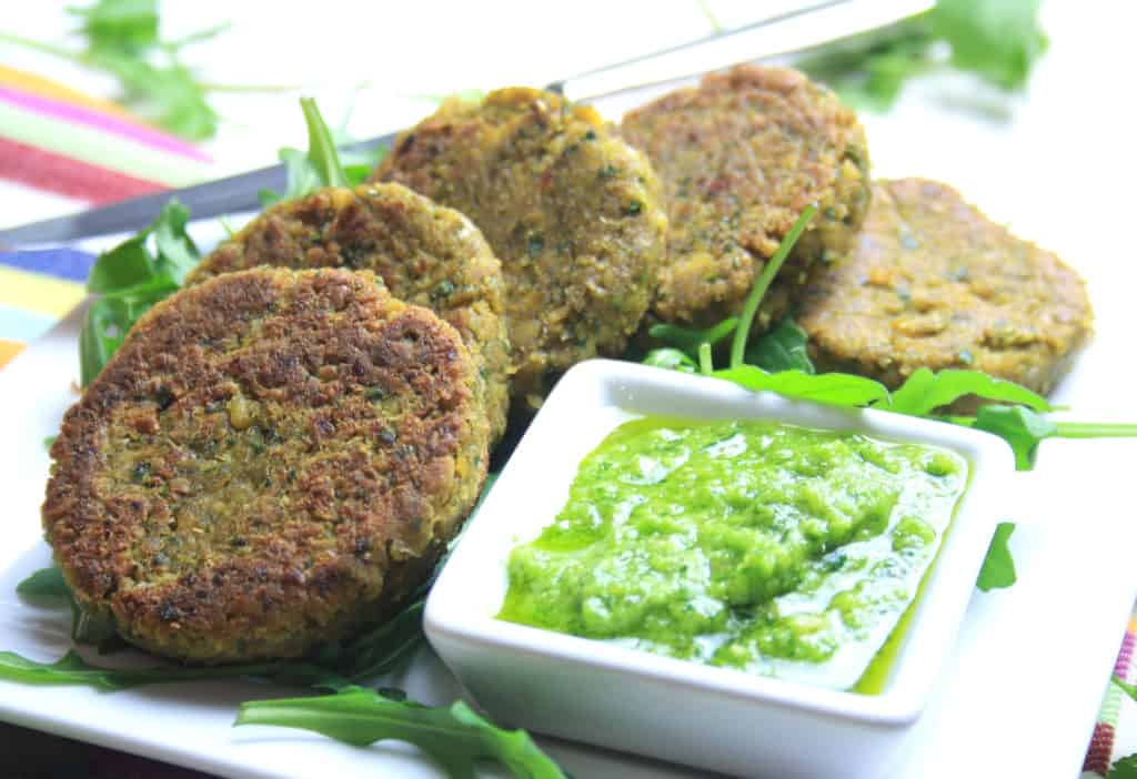 plate of falafel burgers and pesto 