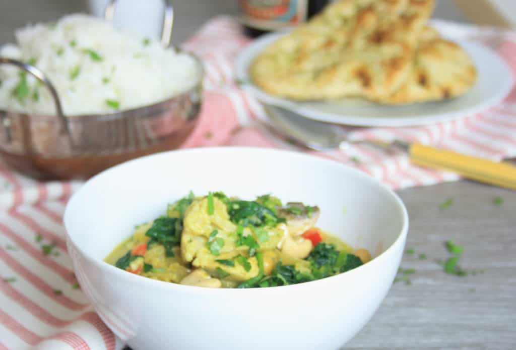 vegetable curry and rice and naan