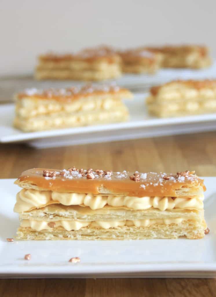 6 salted caramel Napoleans on plates