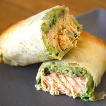 salmon and avocado parcel cut in half