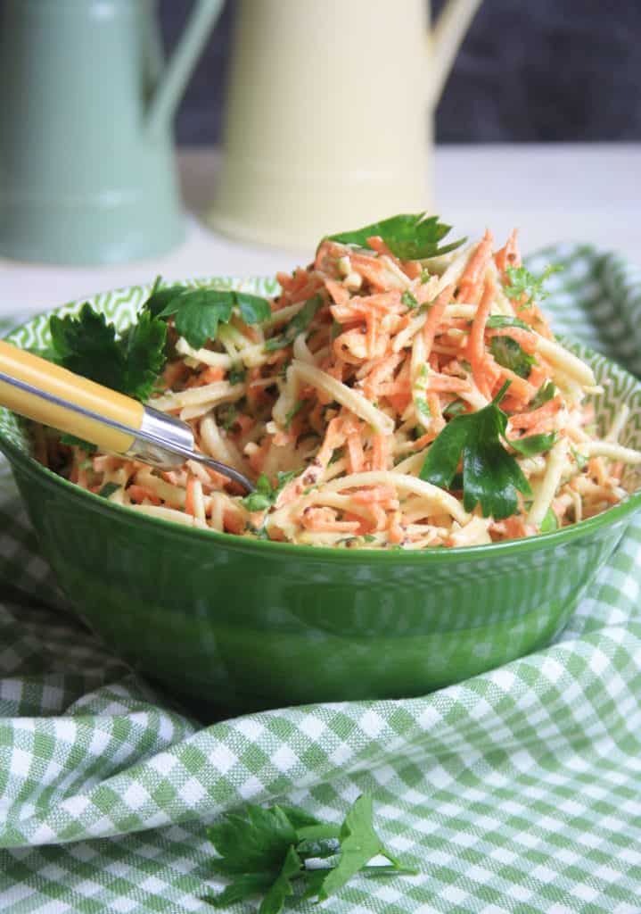 bowl of celeriac remoulade with carrots.