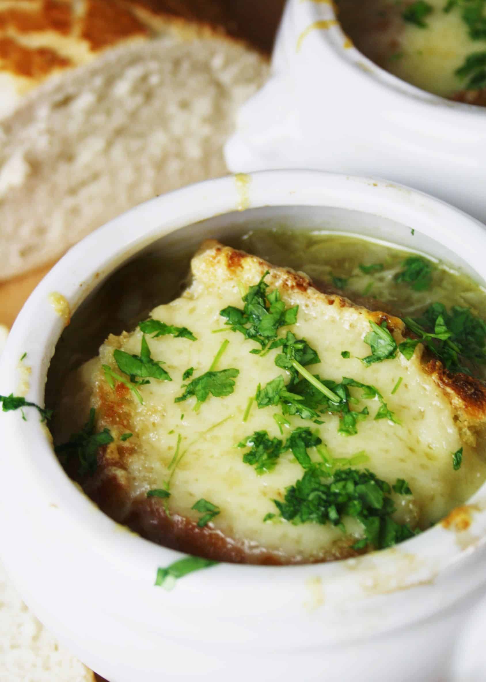 close up of onion soup.