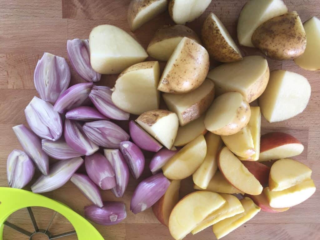 chopped shallots, apples and potatoes