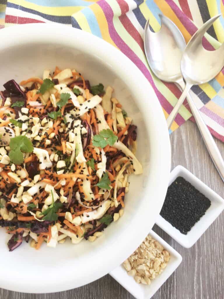 overhead  view of bowl of salad