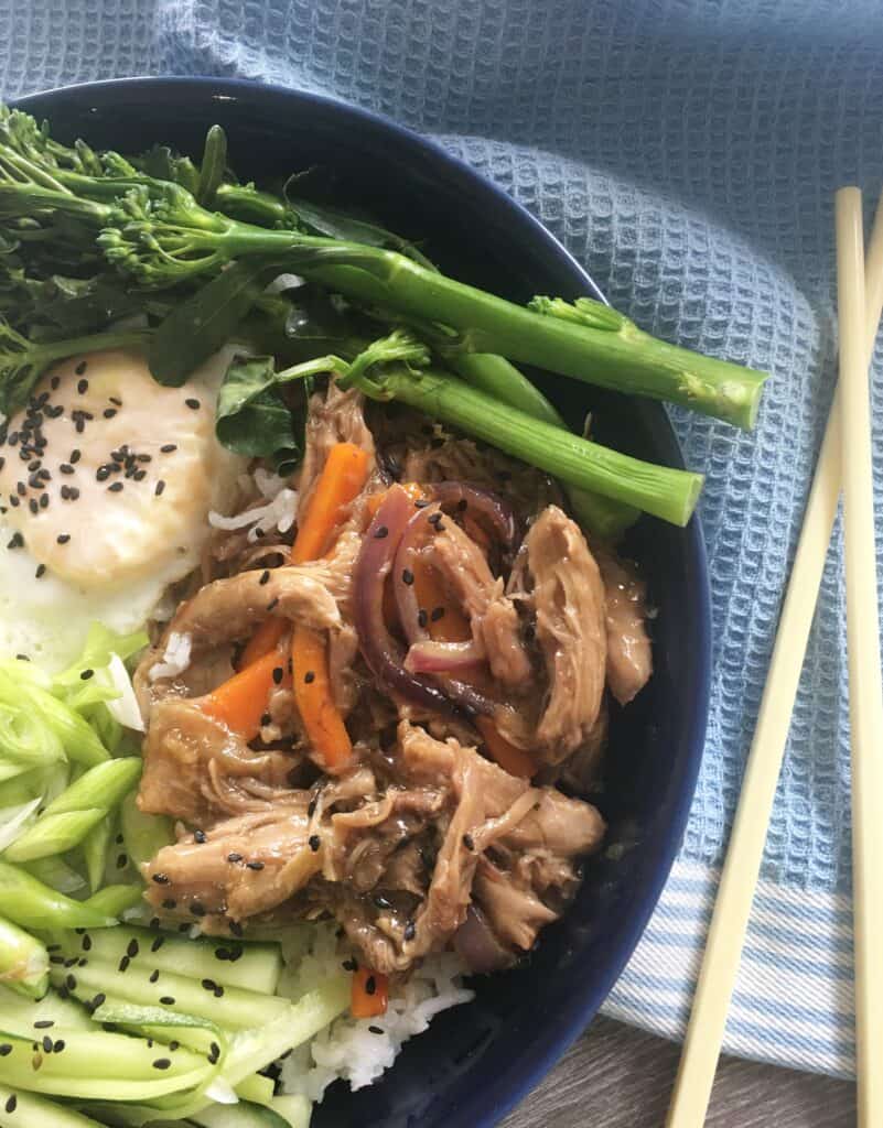 Bowl of shredded duck and vegetables on rice