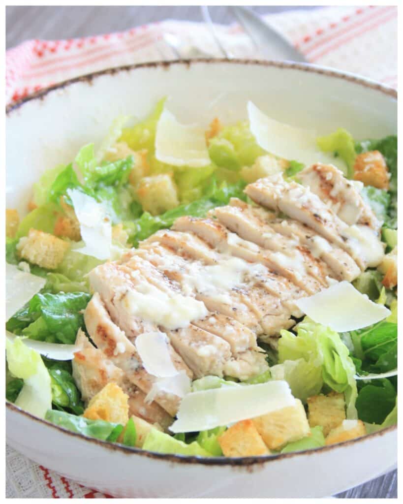 Bowl of chicken caesar salad