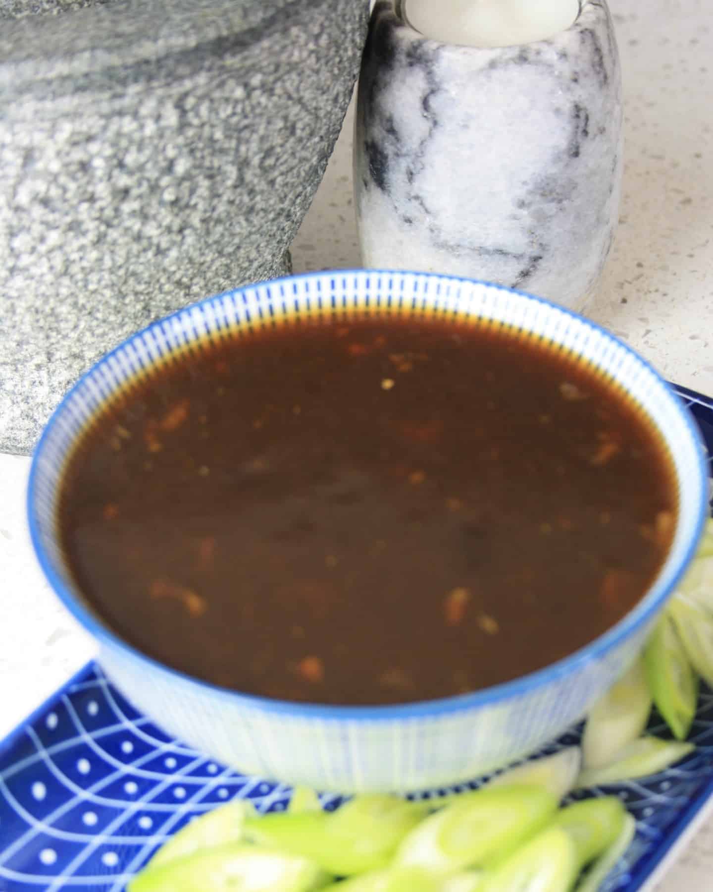 bowl of dark sauce on a plate with spring onions