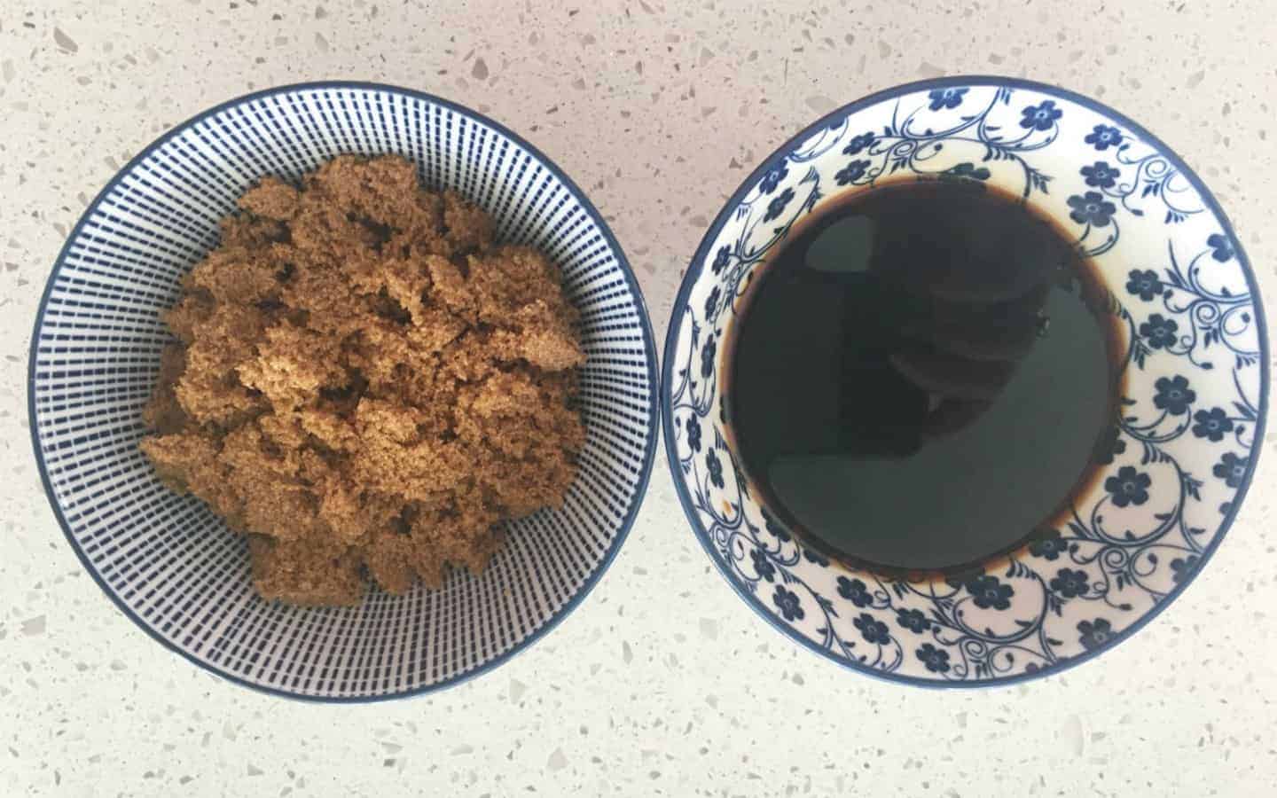 sugar and soy sauce in two bowls