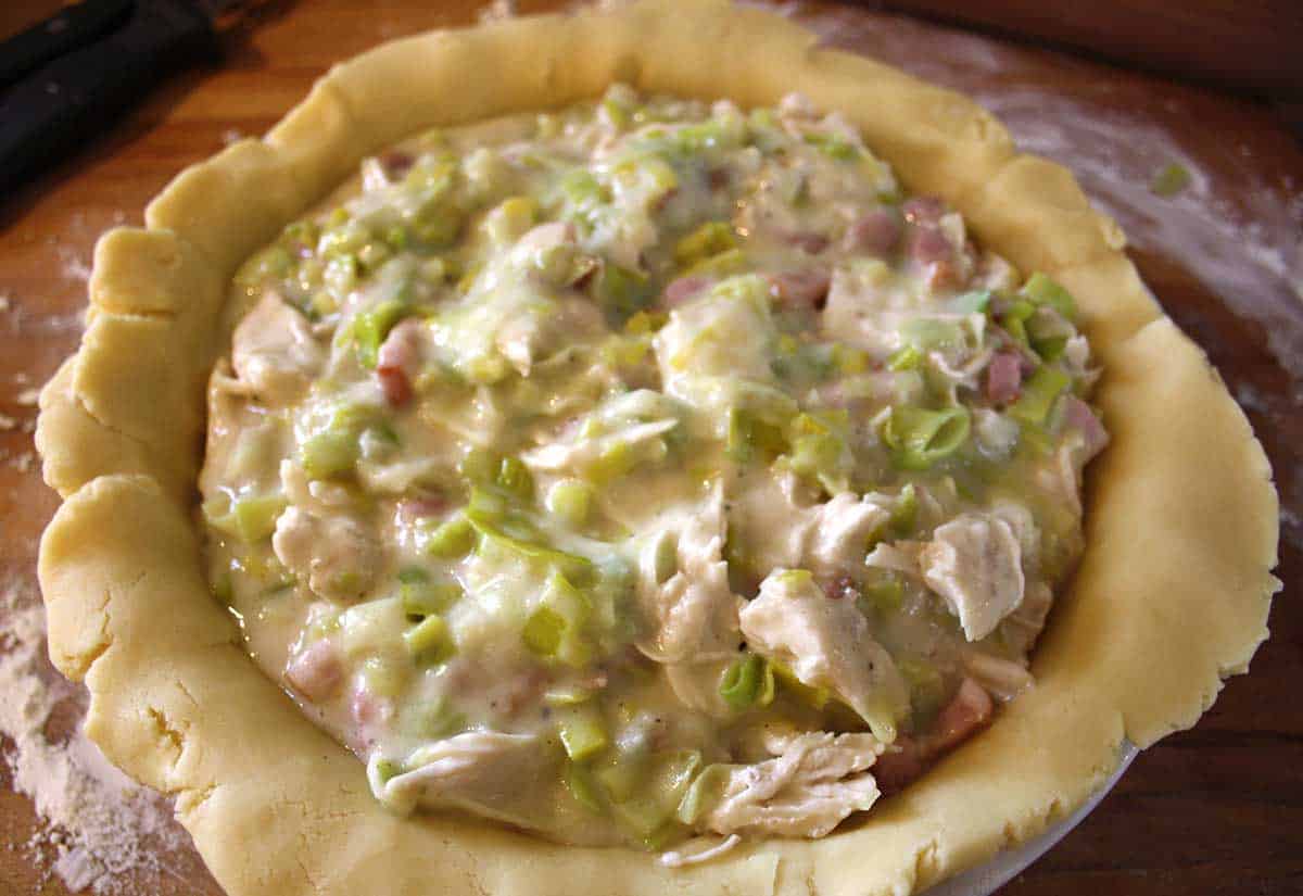 chicken and leek pie mixture in a pastry crust.