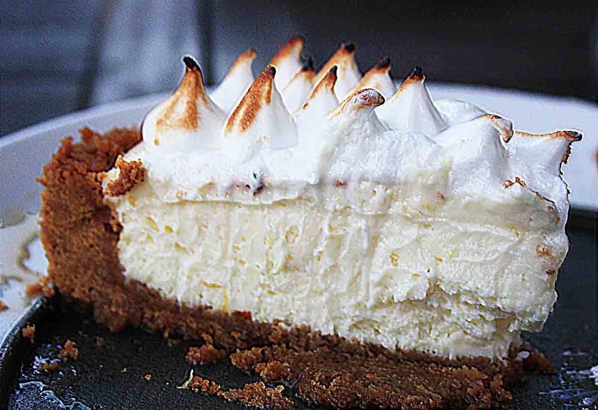 slice of lemon meringue cheesecake.