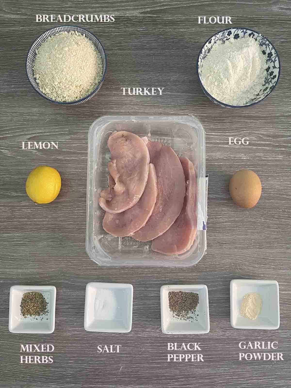 ingredients including turkey, egg, flour and breadcrumbs.