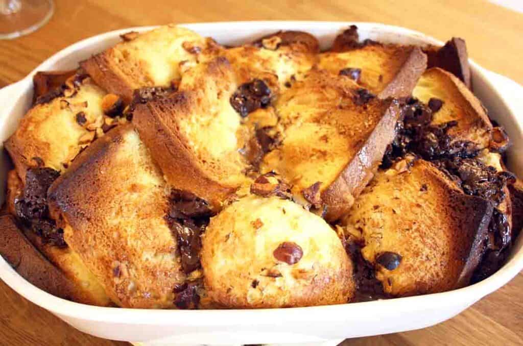 dish of brioche bread and butter pudding.