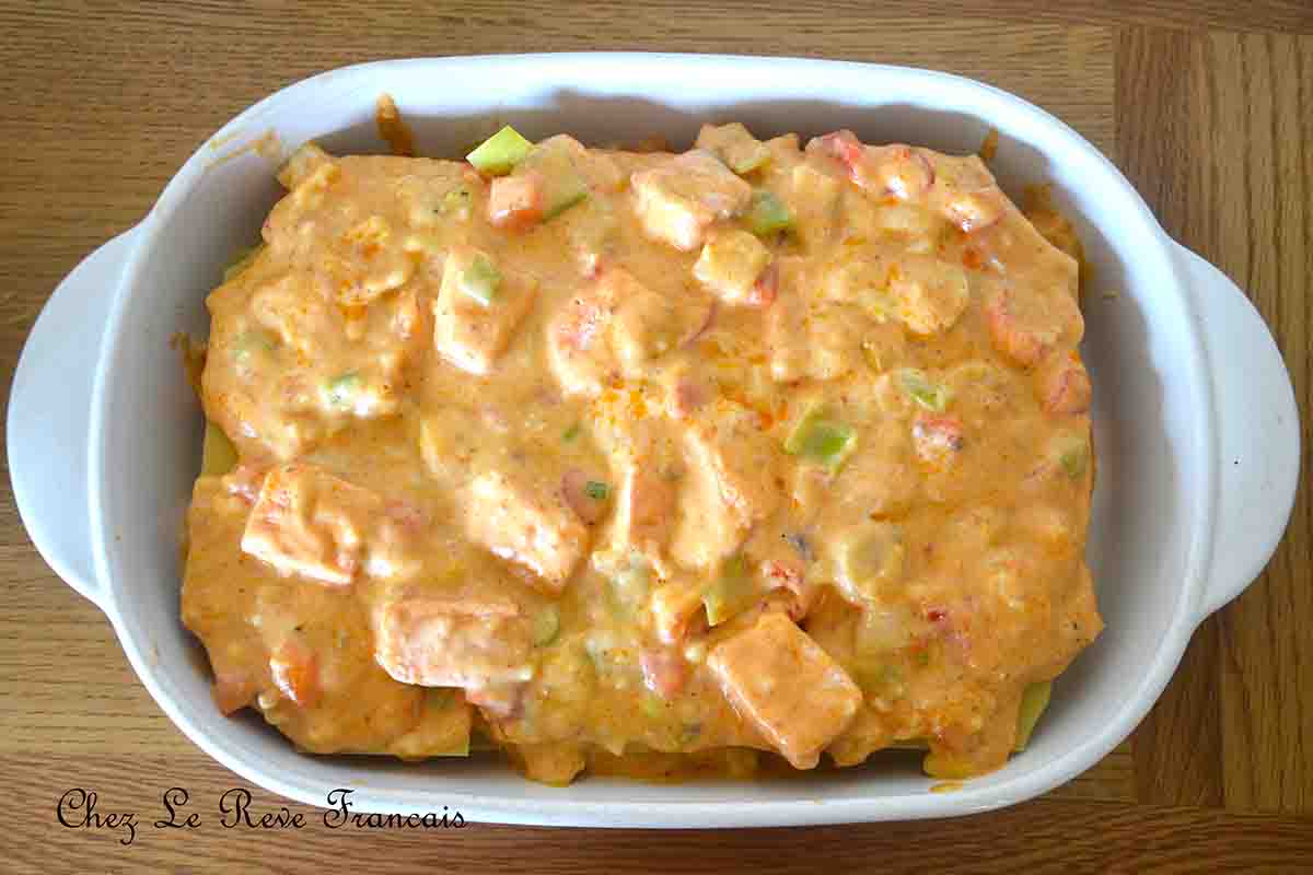 fish lasagne assembled before the final white sauce.