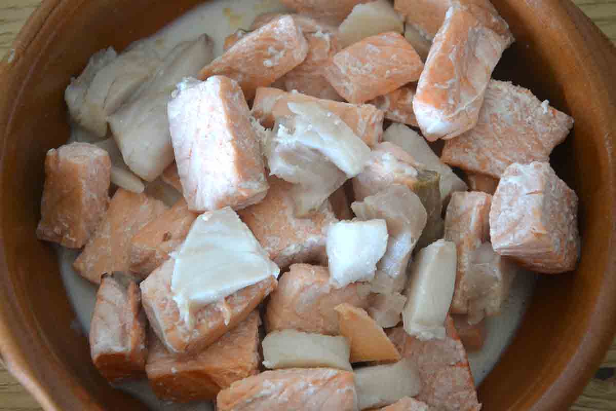 lightly poached salmon and white fish.