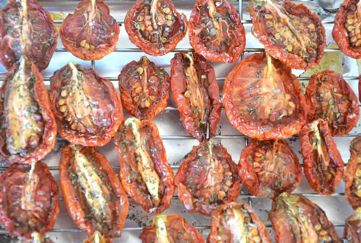 oven dried tomatoes on a rack.