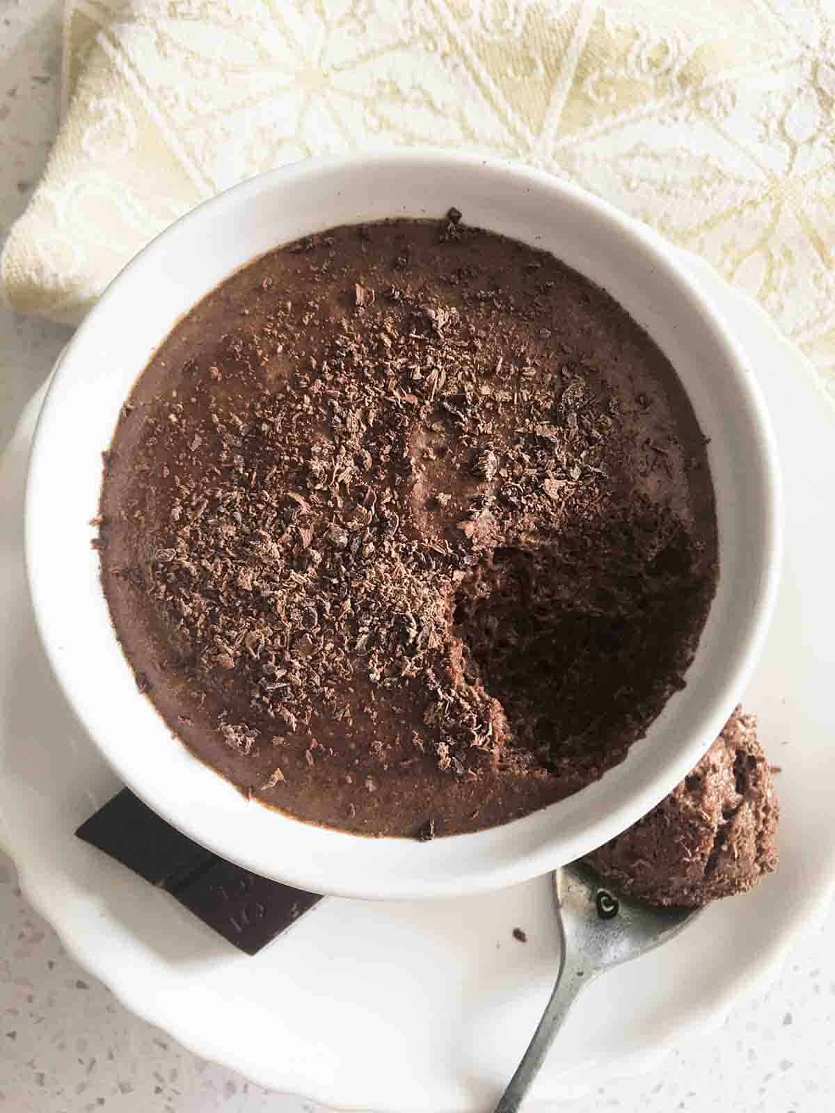 aerial view of a ramakin of chocolate mousse.