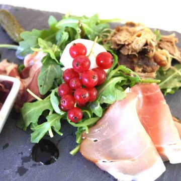 French Ploughman's lunch on a slate plate.