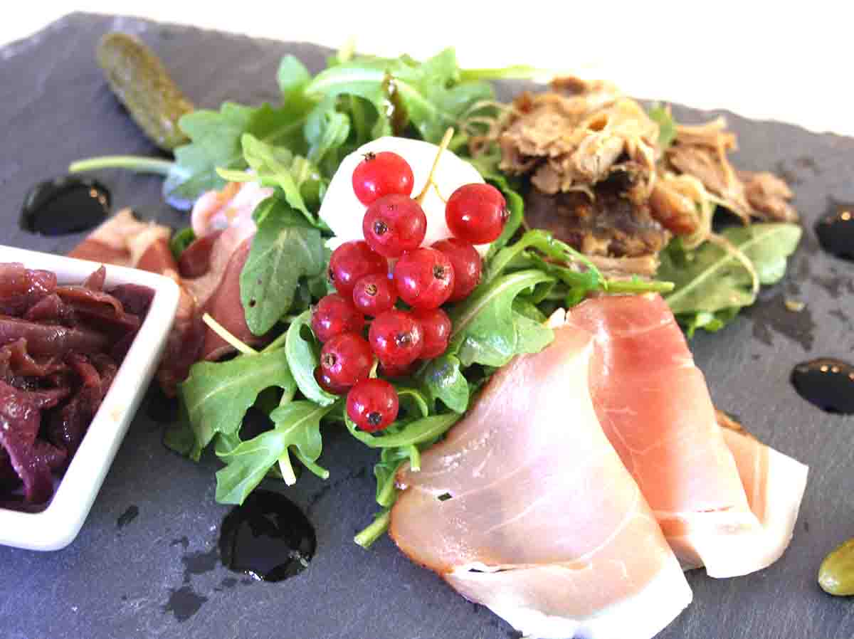 French Ploughman's lunch on a slate plate.