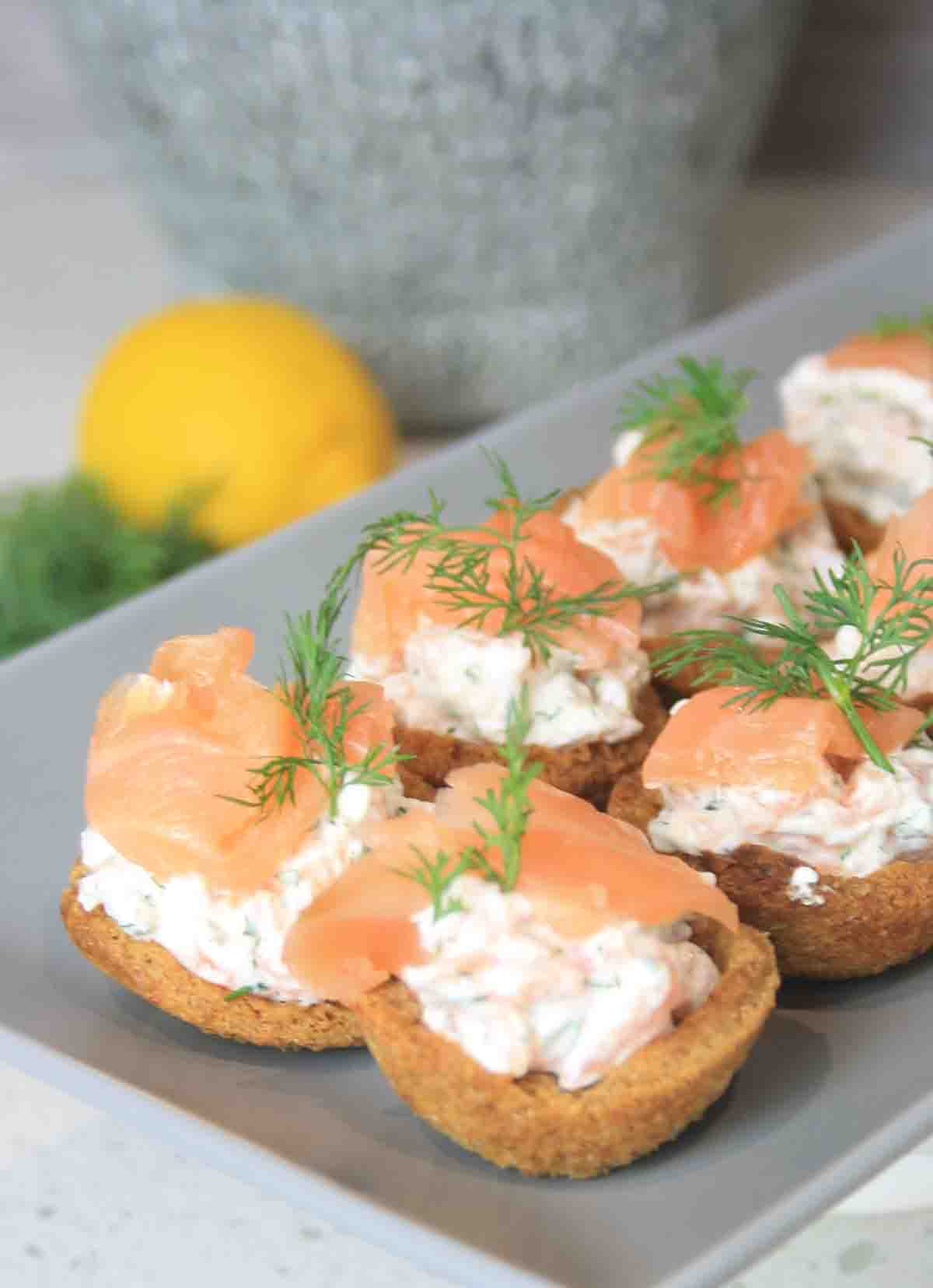 SIDE VIEW OF SMOKED salmon canapes.