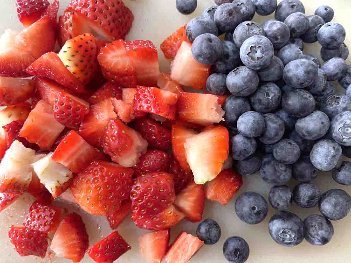 chopped strawberries and blueberries.