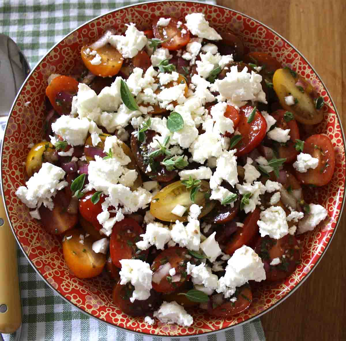 cherry tomato and feta salad in a bowl.