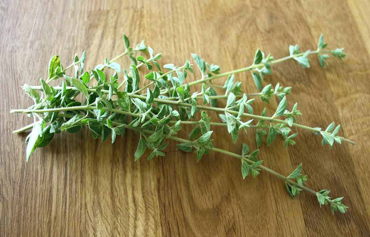 oregano sprigs on a board.