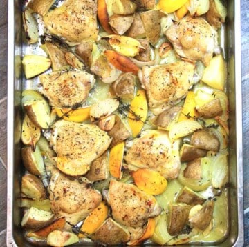 lemon garlic chicken bake in a roasting pan.