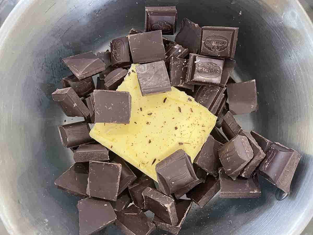 chocolate and butter in a glass bowl.