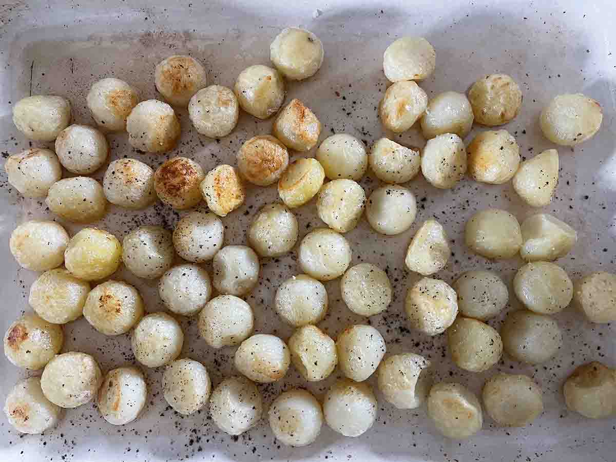 potatoes in a rasting tin after 30 minutes.