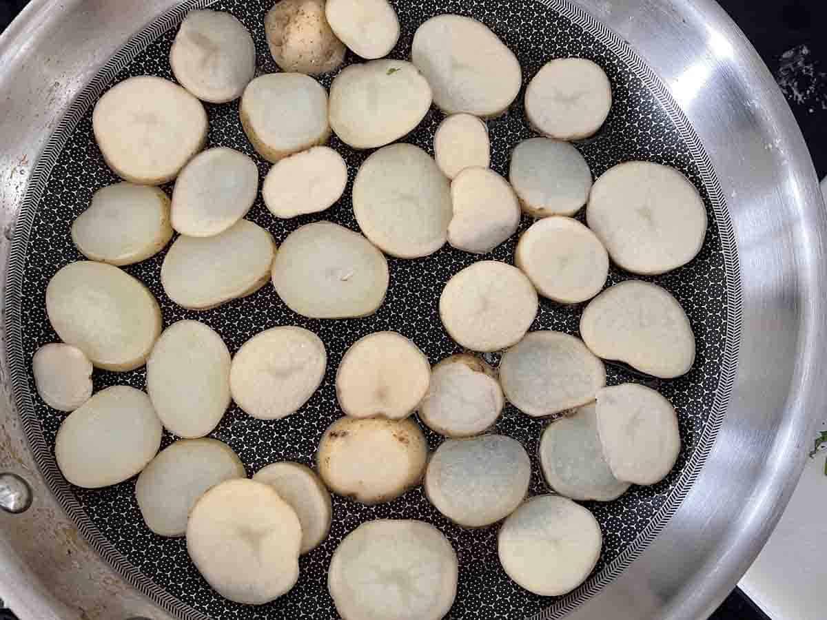 potatoes in a pan.