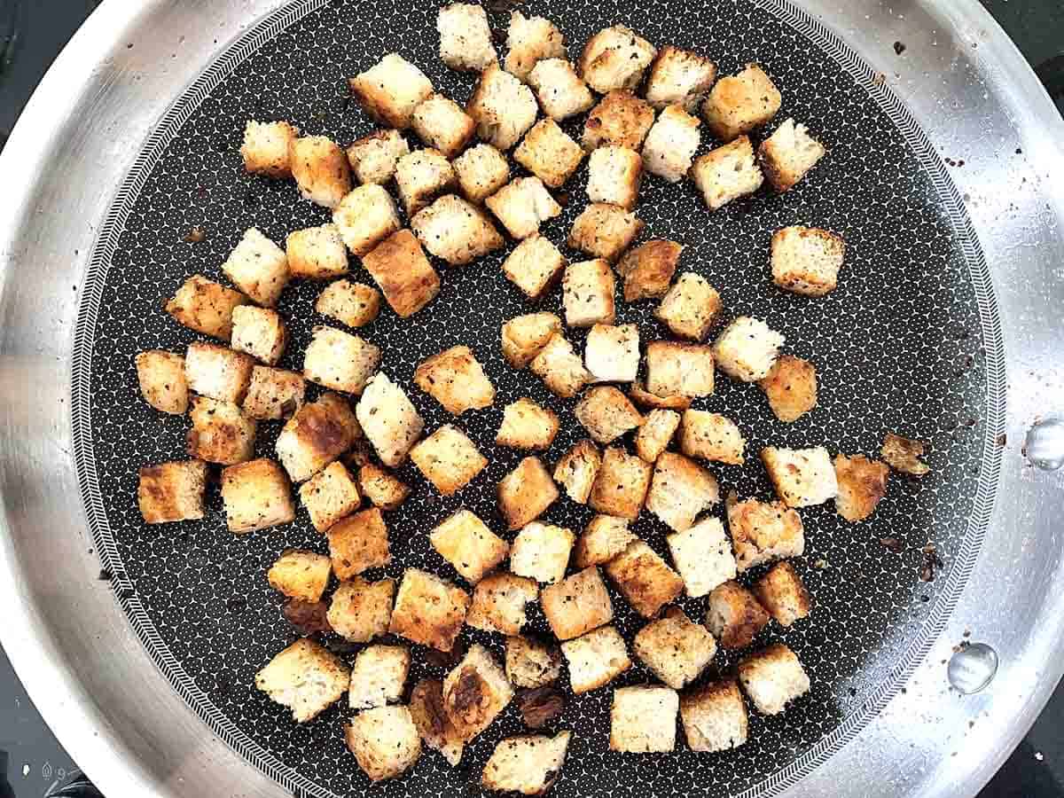 toasted croutons in a pan.