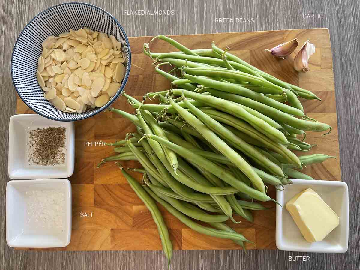 ingredients including green beans, almonds, garlic, seasoning.