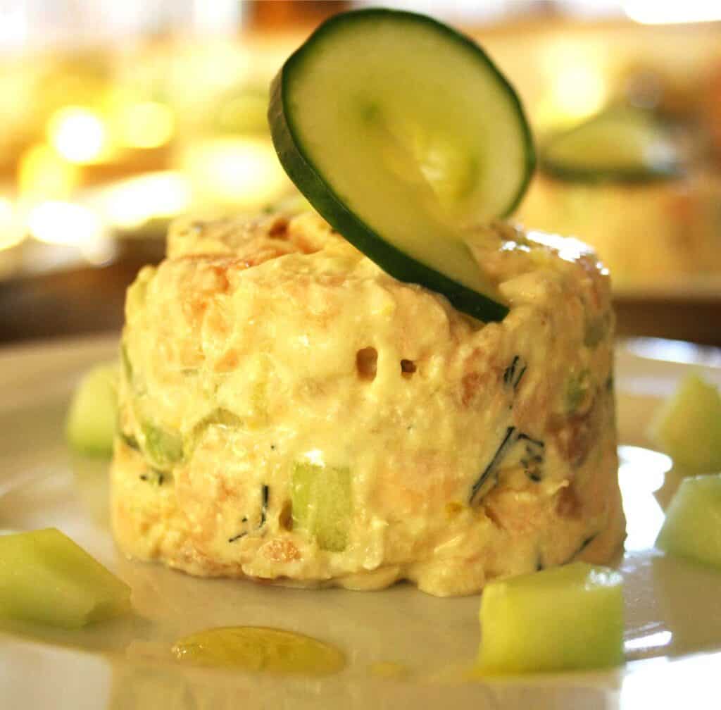 salmon timbale on a plate.