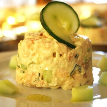 salmon timbale on a plate.