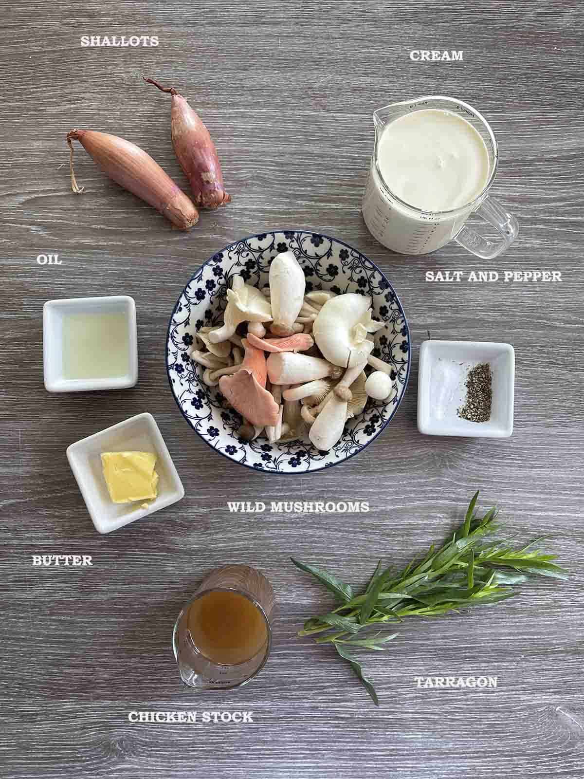 ingredients including mushrooms, cream, shallots and stock.