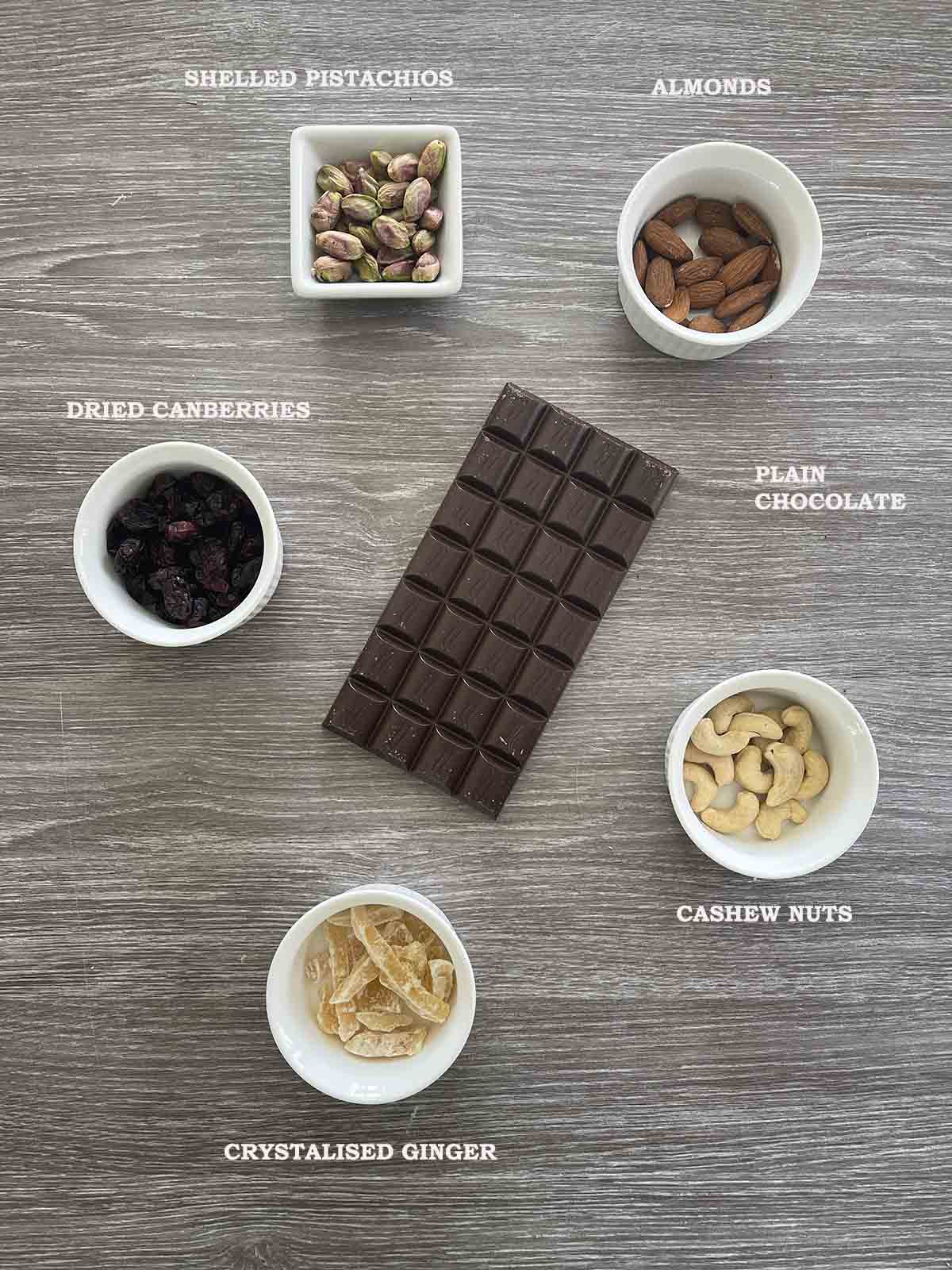 ingredients including chocolate, ginger, cranberries and nuts.