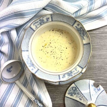 dijon mustard sauce in a blue and white dish.